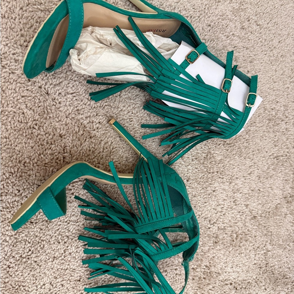 JustFab Turquoise Fringe Heels - Picture 3 of 5